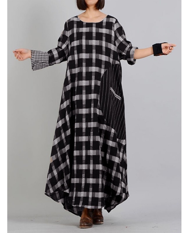 Plaid Stitching O-neck Long Sleeve Casual Maxi Dress With Pocket - Black S
