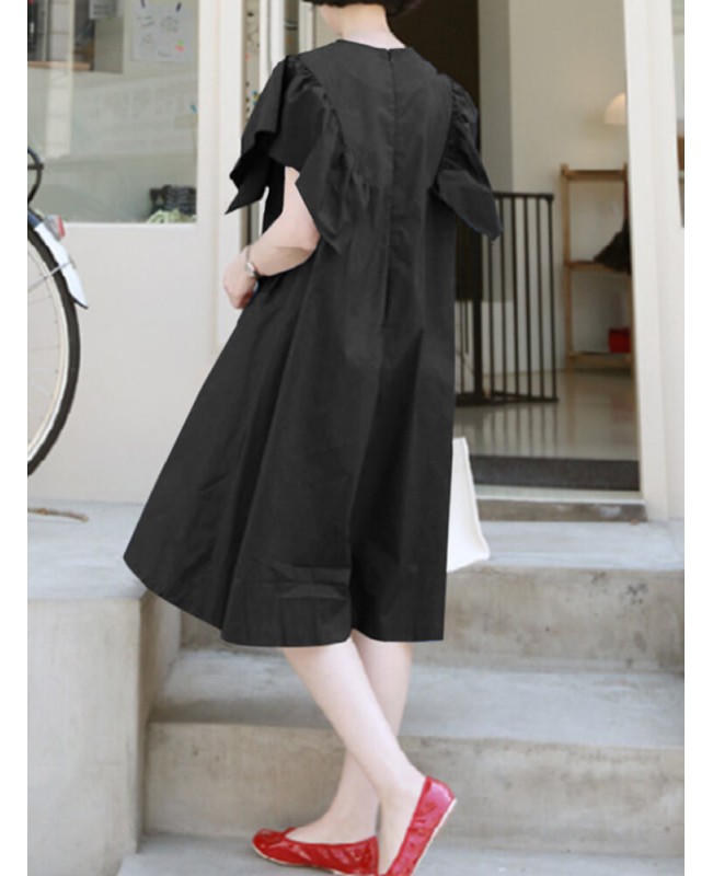 100% Cotton Loose Ruffles Solid Dress - Black S