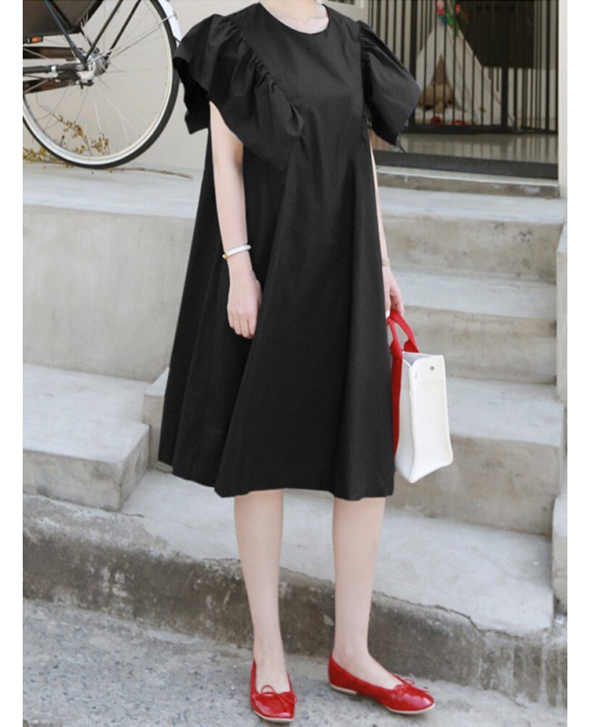 100% Cotton Loose Ruffles Solid Dress - Black S