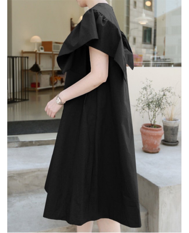100% Cotton Loose Ruffles Solid Dress - Black S