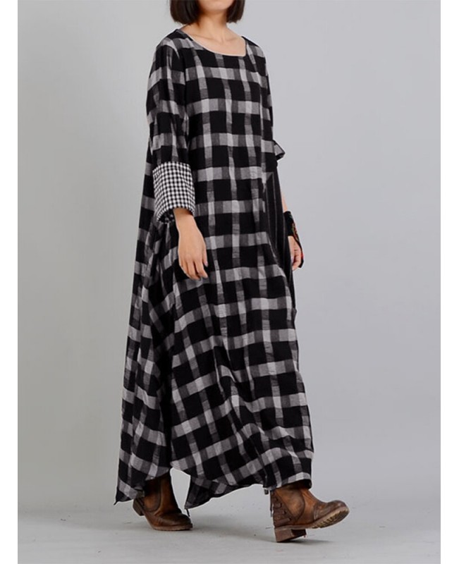 Plaid Stitching O-neck Long Sleeve Casual Maxi Dress With Pocket - Black S