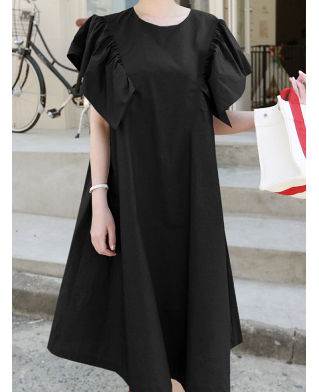 100% Cotton Loose Ruffles Solid Dress - Black S