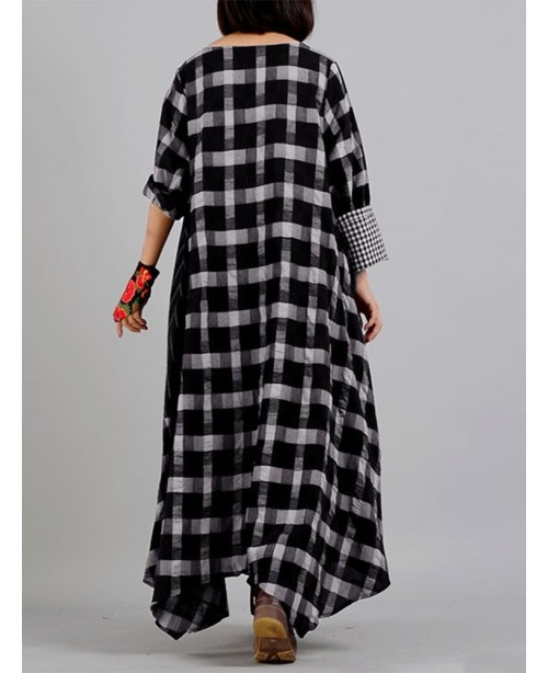 Plaid Stitching O-neck Long Sleeve Casual Maxi Dre...