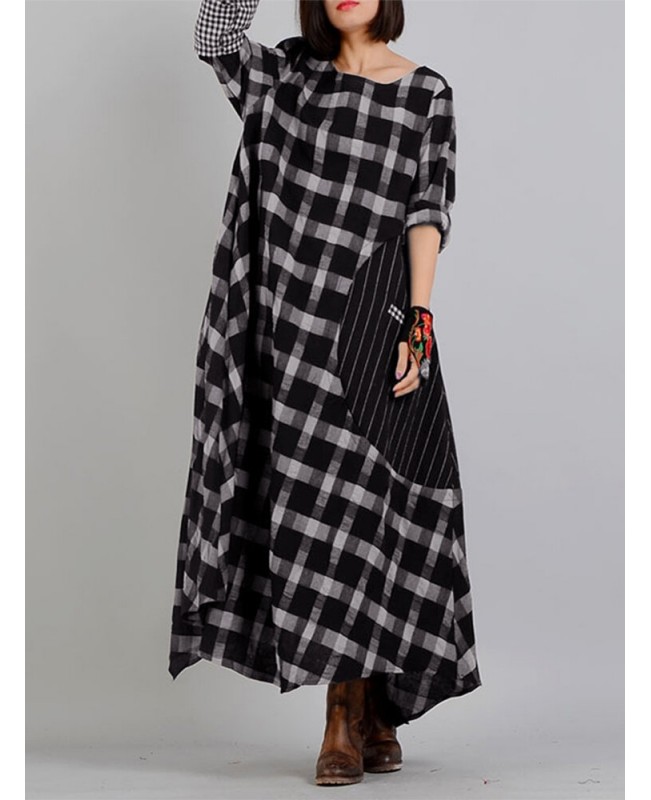 Plaid Stitching O-neck Long Sleeve Casual Maxi Dress With Pocket - Black S