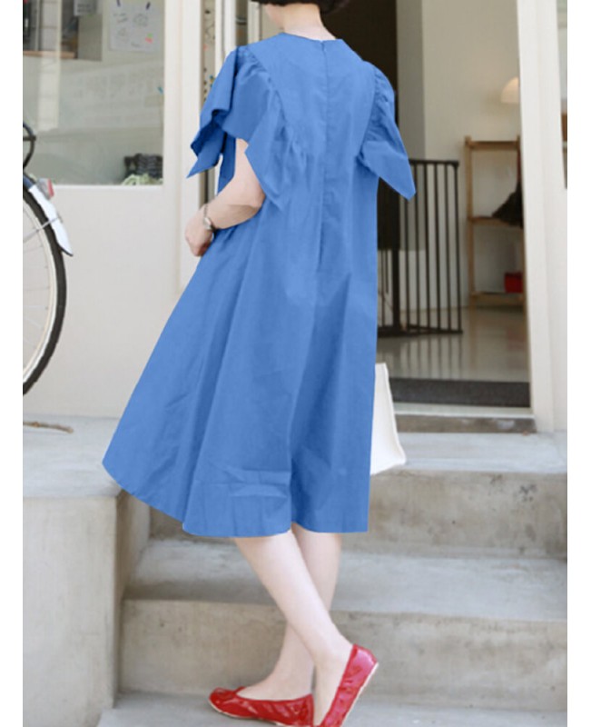 100% Cotton Loose Ruffles Solid Dress - Black S