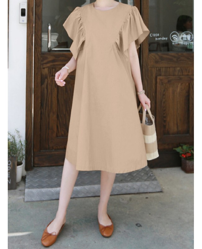 100% Cotton Loose Ruffles Solid Dress - Black S