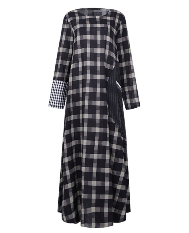 Plaid Stitching O-neck Long Sleeve Casual Maxi Dress With Pocket - Black S