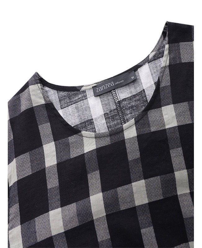 Plaid Stitching O-neck Long Sleeve Casual Maxi Dress With Pocket - Black S