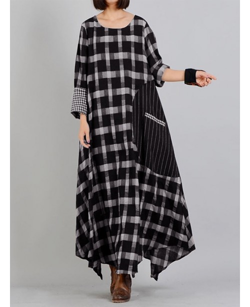Plaid Stitching O-neck Long Sleeve Casual Maxi Dre...