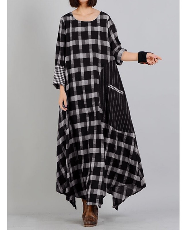 Plaid Stitching O-neck Long Sleeve Casual Maxi Dress With Pocket - Black S