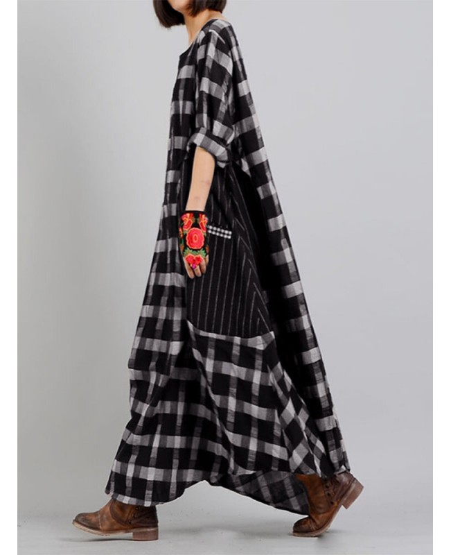 Plaid Stitching O-neck Long Sleeve Casual Maxi Dress With Pocket - Black S