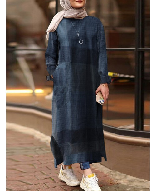 Women Vintage Plaid Print Side Split Maxi Dress Ka...