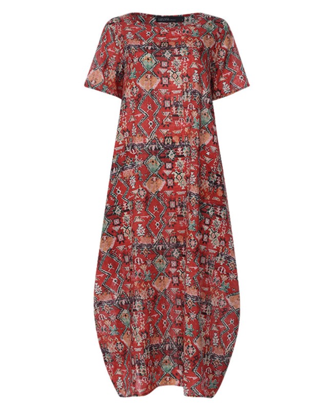Women Casual Loose Printed O-Neck Short Sleeve Side Pockets Dress - Green S
