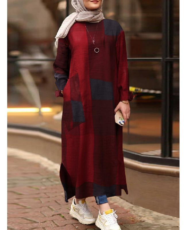 Women Vintage Plaid Print Side Split Maxi Dress Kaftan Tunic with Side Pockets - Navy S