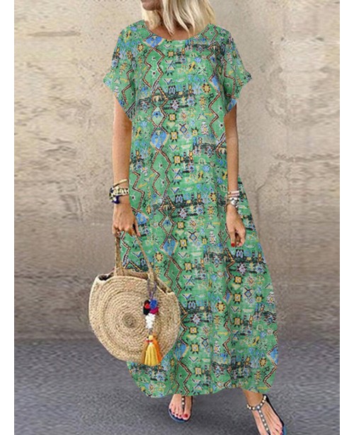 Women Casual Loose Printed O-Neck Short Sleeve Sid...