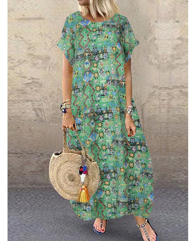 Women Casual Loose Printed O-Neck Short Sleeve Side Pockets Dress - Green S
