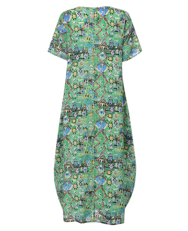 Women Casual Loose Printed O-Neck Short Sleeve Side Pockets Dress - Green S