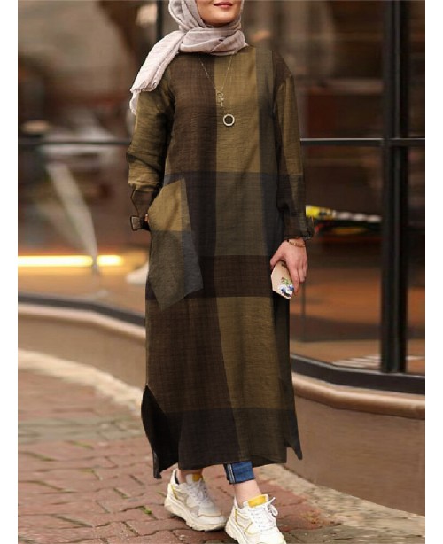 Women Vintage Plaid Print Side Split Maxi Dress Ka...
