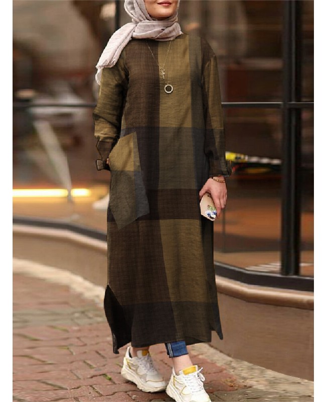 Women Vintage Plaid Print Side Split Maxi Dress Kaftan Tunic with Side Pockets - Navy S