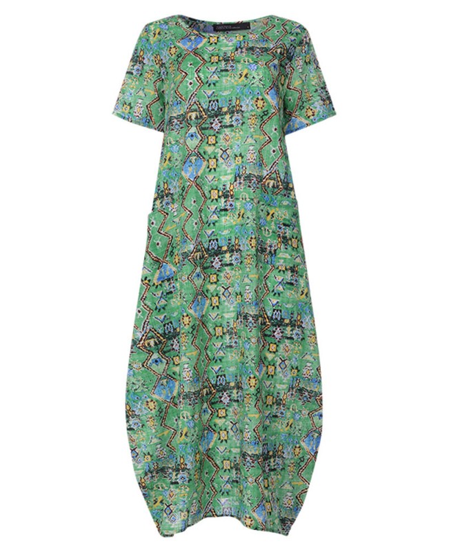 Women Casual Loose Printed O-Neck Short Sleeve Side Pockets Dress - Green S