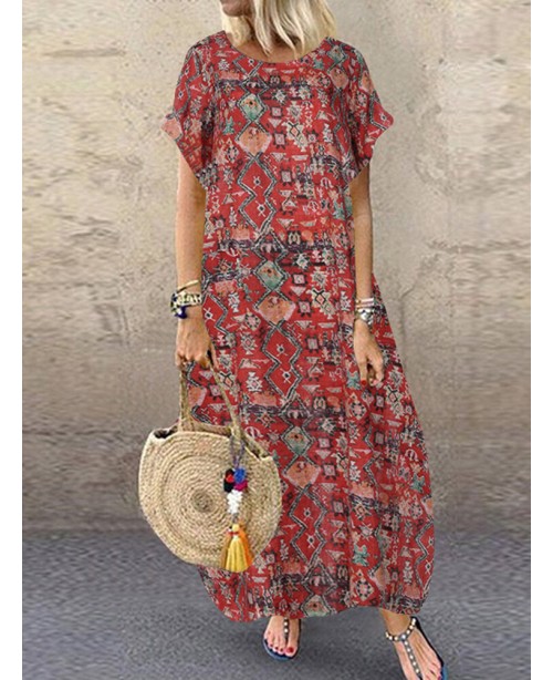 Women Casual Loose Printed O-Neck Short Sleeve Sid...