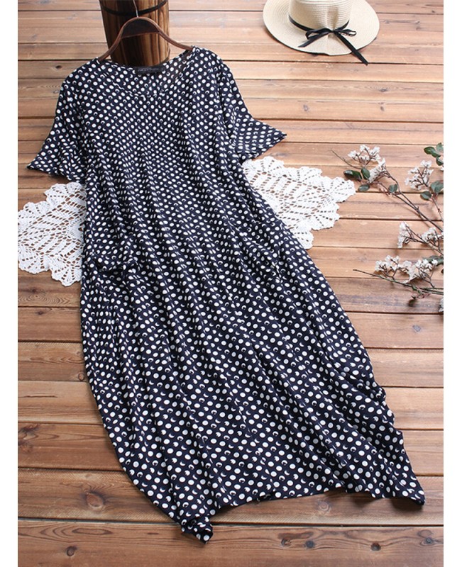 Women Polka Dot Print O-neck Short Sleeve Maxi Dress - S Navy