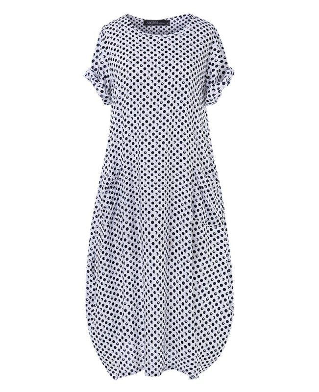 Women Polka Dot Print O-neck Short Sleeve Maxi Dress - S Navy