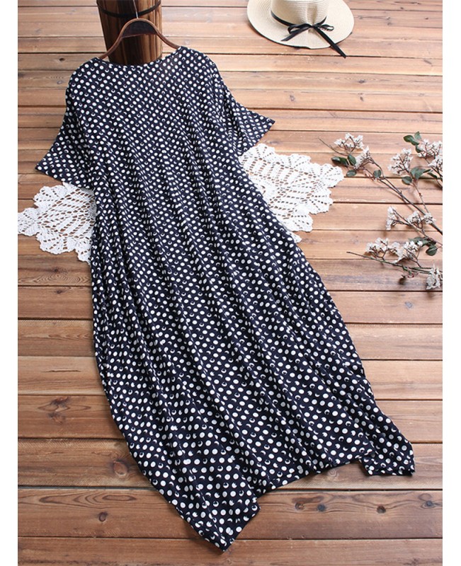 Women Polka Dot Print O-neck Short Sleeve Maxi Dress - S Navy