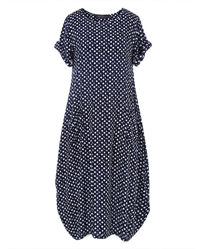 Women Polka Dot Print O-neck Short Sleeve Maxi Dress - S Navy