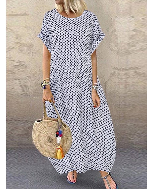 Women Polka Dot Print O-neck Short Sleeve Maxi Dre...