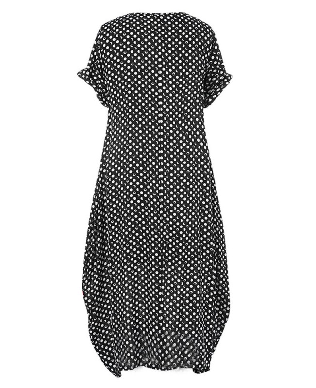 Women Polka Dot Print O-neck Short Sleeve Maxi Dress - S Navy