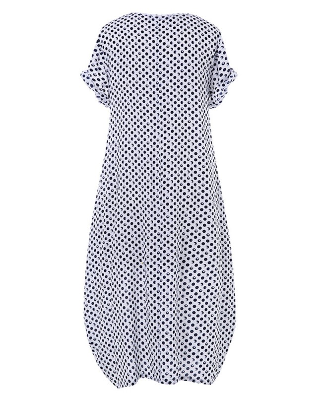 Women Polka Dot Print O-neck Short Sleeve Maxi Dress - S Navy