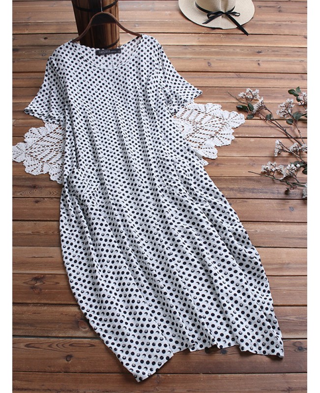 Women Polka Dot Print O-neck Short Sleeve Maxi Dress - S Navy