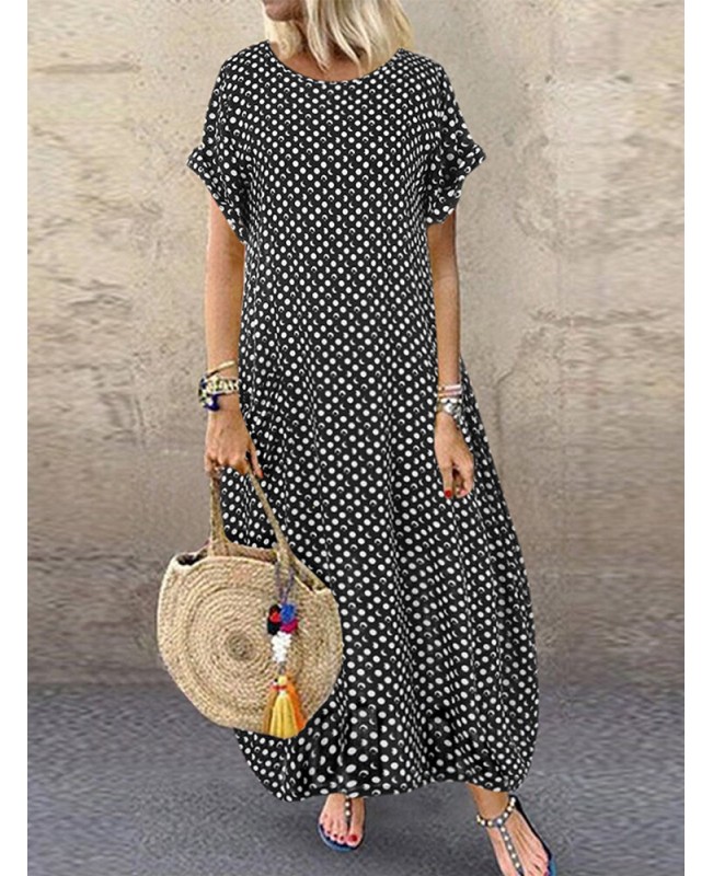 Women Polka Dot Print O-neck Short Sleeve Maxi Dress - S Navy
