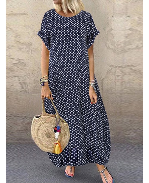 Women Polka Dot Print O-neck Short Sleeve Maxi Dre...