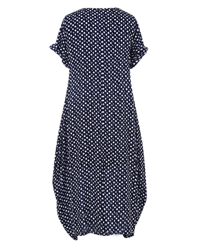 Women Polka Dot Print O-neck Short Sleeve Maxi Dress - S Navy