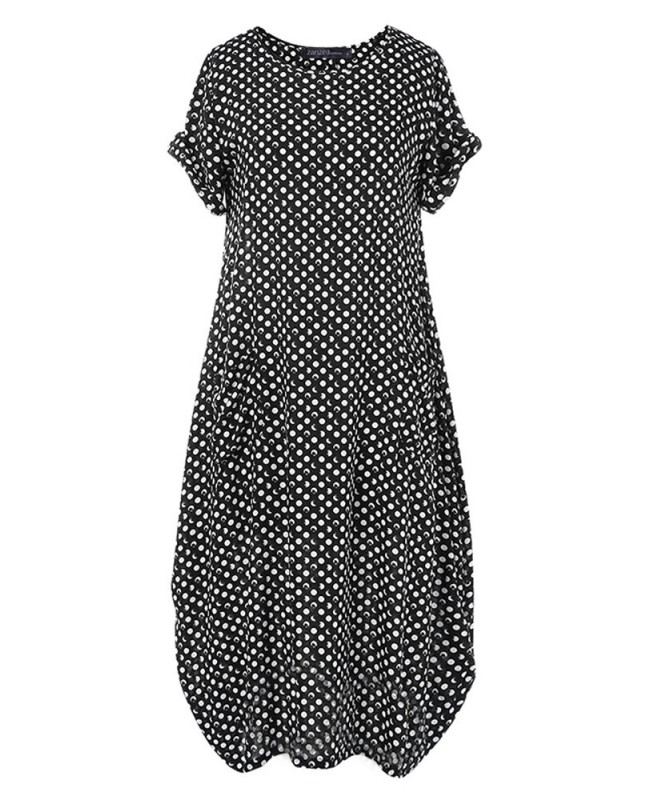 Women Polka Dot Print O-neck Short Sleeve Maxi Dress - S Navy