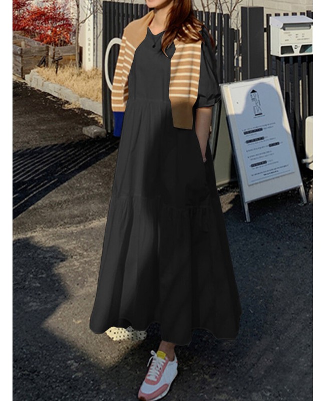 Women Cotton Solid Color Puff Sleeve Pleated Simple Maxi Dresses With Pocket - Black S