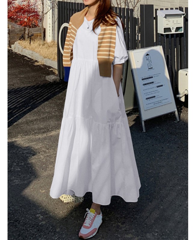 Women Cotton Solid Color Puff Sleeve Pleated Simple Maxi Dresses With Pocket - Black S