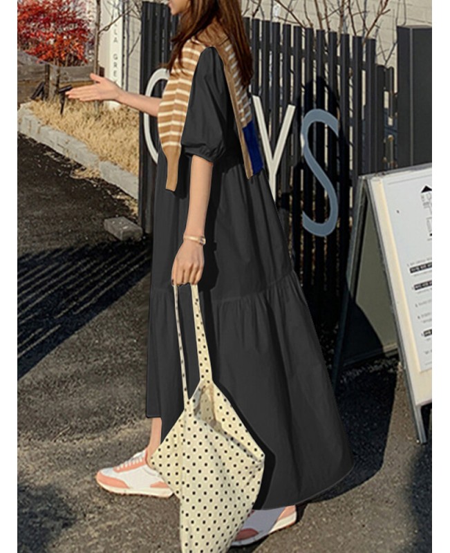 Women Cotton Solid Color Puff Sleeve Pleated Simple Maxi Dresses With Pocket - Black S