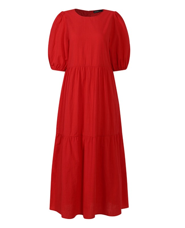 Women Cotton Solid Color Puff Sleeve Pleated Simple Maxi Dresses With Pocket - Black S
