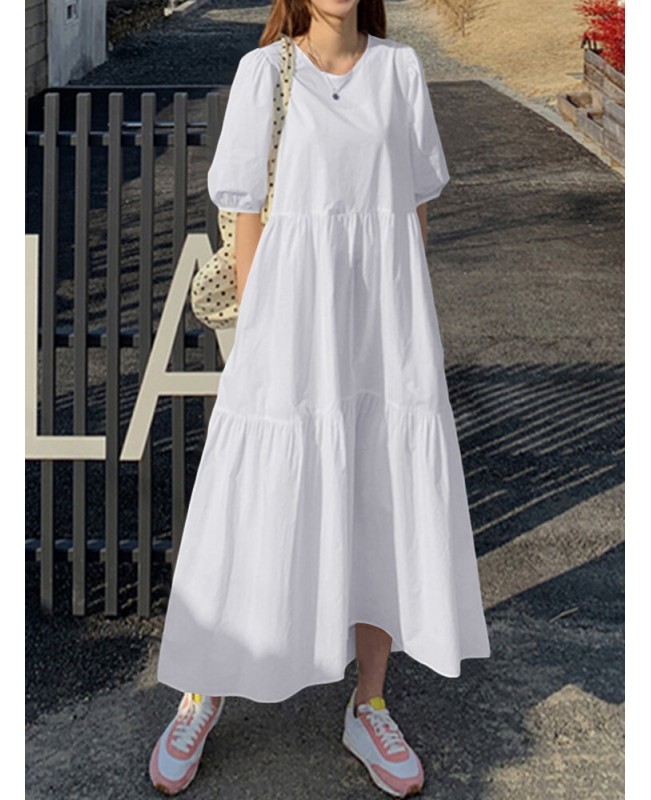 Women Cotton Solid Color Puff Sleeve Pleated Simple Maxi Dresses With Pocket - Black S