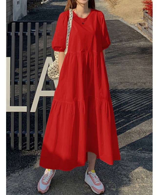 Women Cotton Solid Color Puff Sleeve Pleated Simple Maxi Dresses With Pocket - Black S