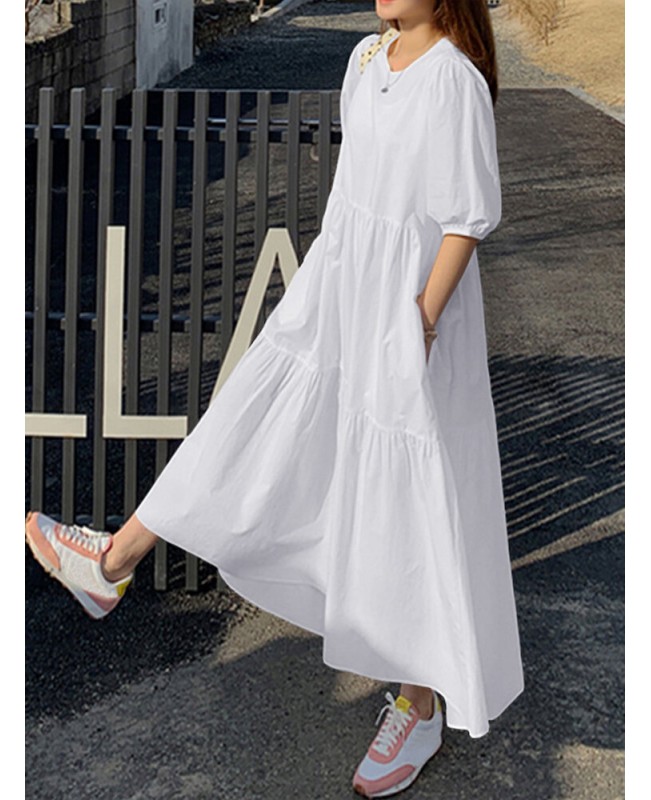Women Cotton Solid Color Puff Sleeve Pleated Simple Maxi Dresses With Pocket - Black S