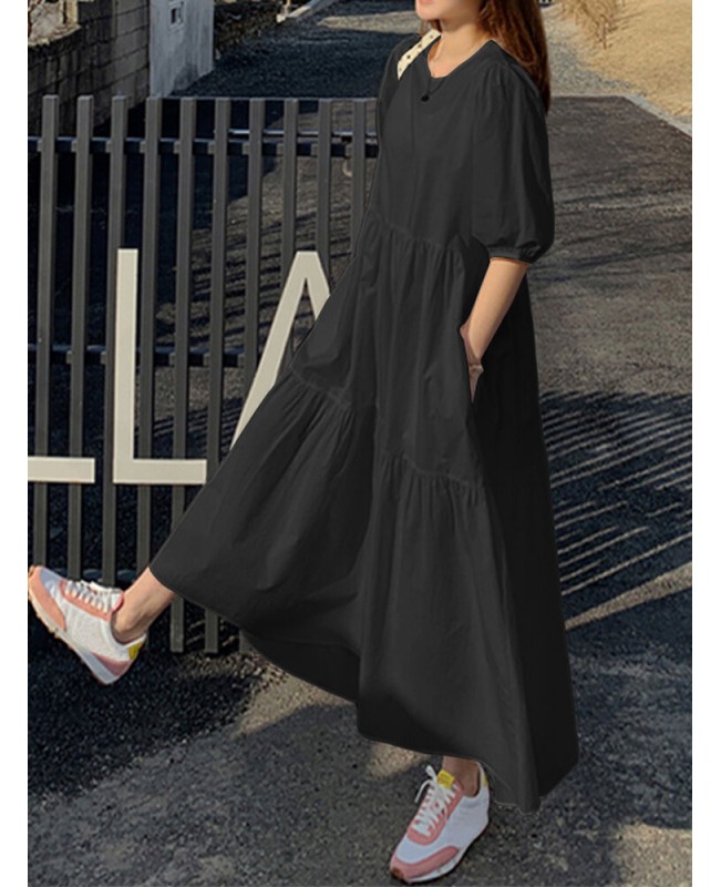 Women Cotton Solid Color Puff Sleeve Pleated Simple Maxi Dresses With Pocket - Black S