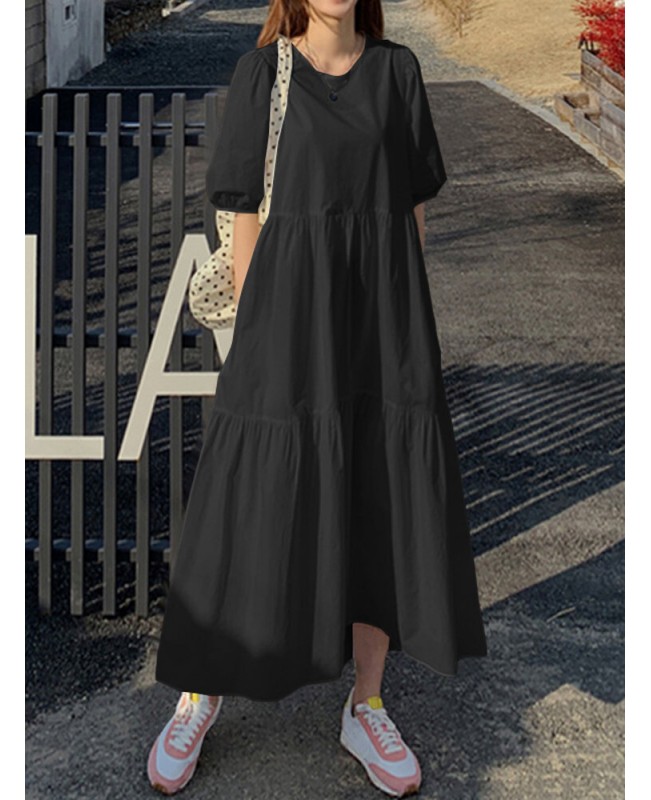 Women Cotton Solid Color Puff Sleeve Pleated Simple Maxi Dresses With Pocket - Black S