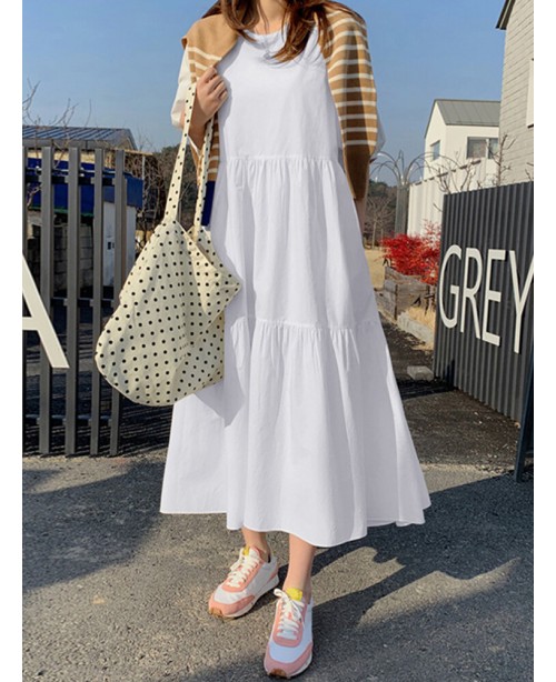 Women Cotton Solid Color Puff Sleeve Pleated Simpl...