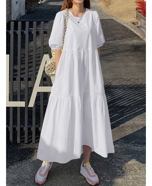 Women Cotton Solid Color Puff Sleeve Pleated Simpl...