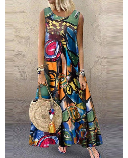 Women Retro O-neck Floral Print Sleeveless Maxi Dr...
