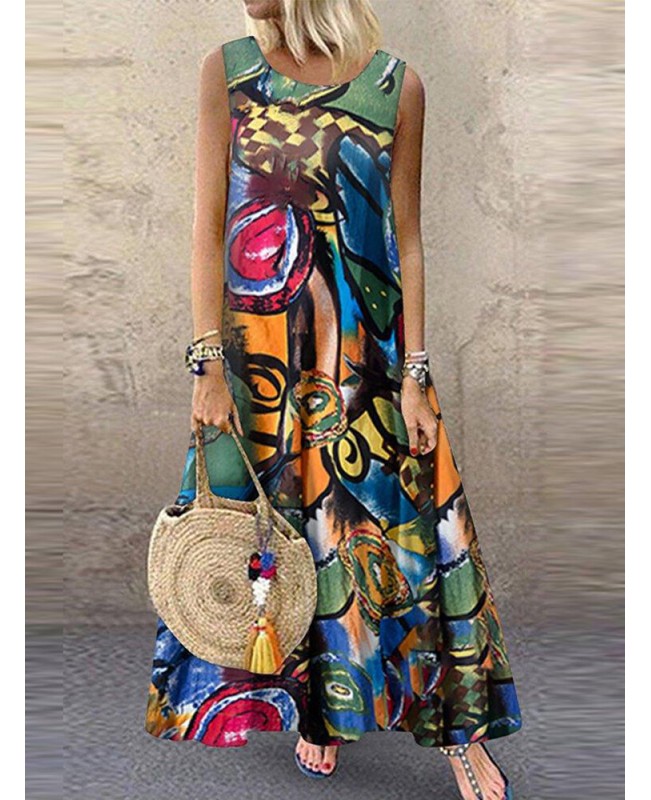 Women Retro O-neck Floral Print Sleeveless Maxi Dress - Red S
